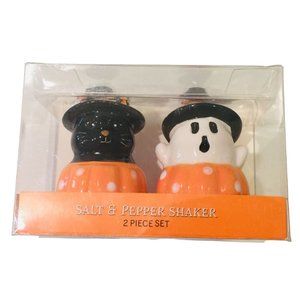 Halloween Black Cat Ghost in Polka Dot Pumpkins Ceramic 3 1/2" Salt Pepper Shake